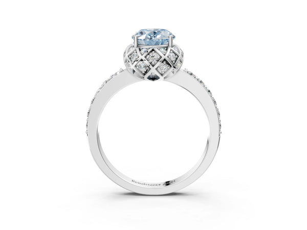 Platinum Fancy Blue Oval  Diamond Solitaire Ring with Shared Prong Pavé Band