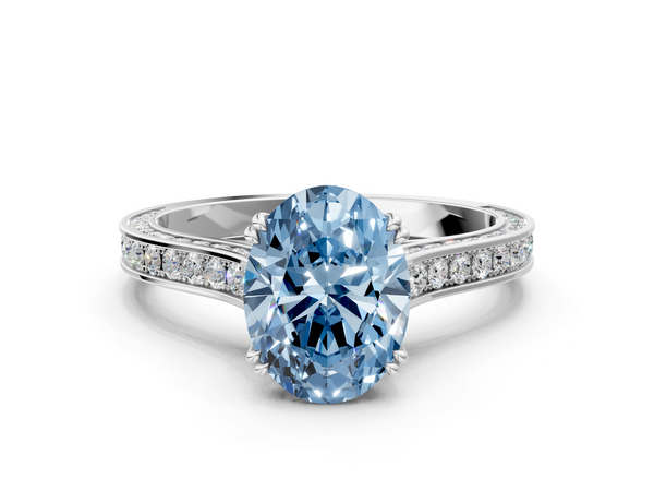 White gold Fancy Blue Oval  Diamond Solitaire with Pave Band and Six-Prong Setting