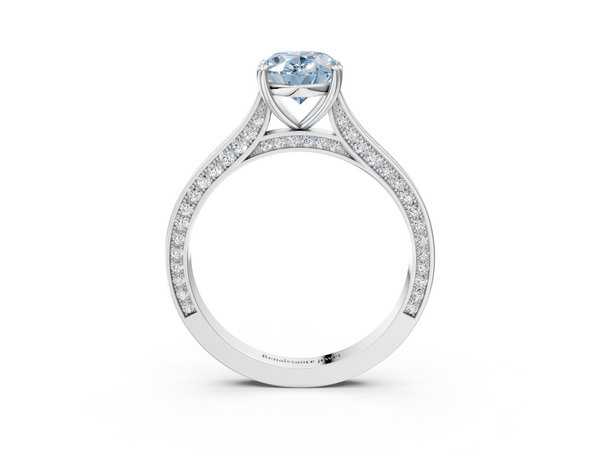 White gold Fancy Blue Oval  Diamond Solitaire with Pave Band and Six-Prong Setting