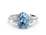 White gold Fancy Blue Oval  Diamond Three-Stone Ring with Trapezoid Side Stones and Prong Setting_17