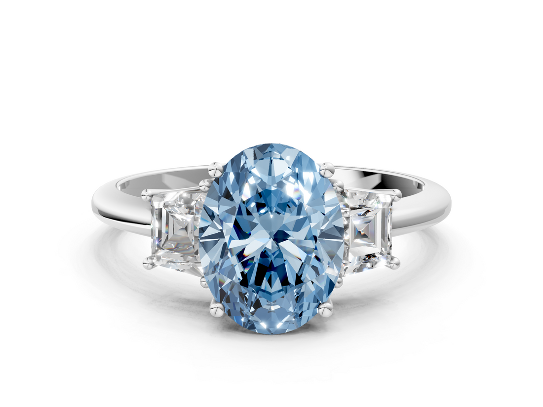 White gold Fancy Blue Oval  Diamond Three-Stone Ring with Trapezoid Side Stones and Prong Setting_17