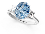 White gold Fancy Blue Oval  Diamond Three-Stone Ring with Trapezoid Side Stones and Prong Setting_18