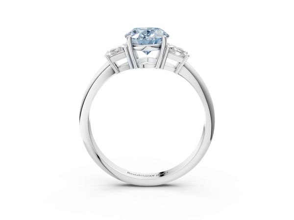 Platinum Fancy Blue Oval  Diamond Three-Stone Ring with Trapezoid Side Stones and Prong Setting