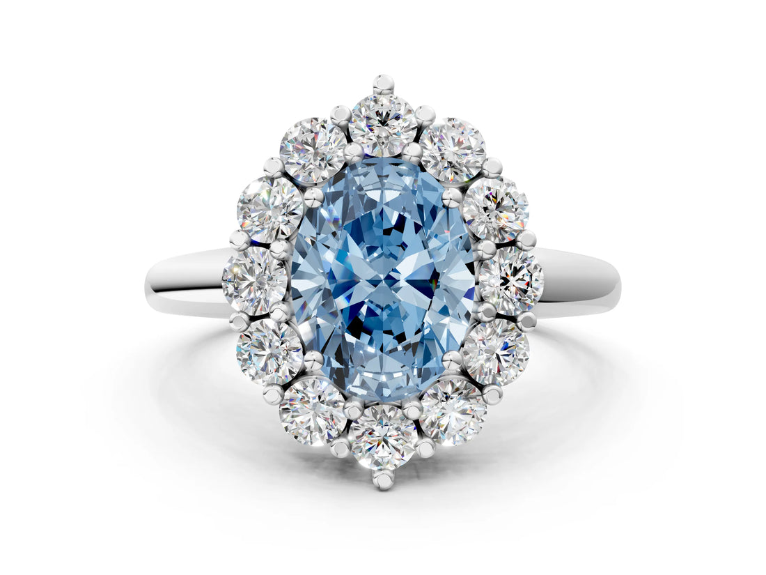 White gold Fancy Blue Oval  Halo Cluster Diamond Engagement Ring with Prong Setting and Polished Band_63
