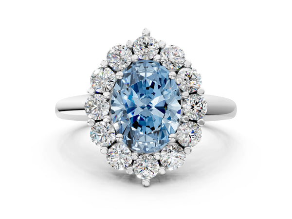 Platinum Fancy Blue Oval  Halo Cluster Diamond Engagement Ring with Prong Setting and Polished Band
