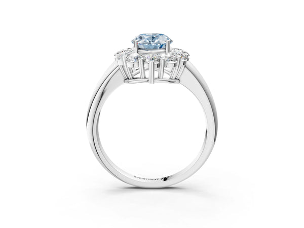 Platinum Fancy Blue Oval  Halo Cluster Diamond Engagement Ring with Prong Setting and Polished Band