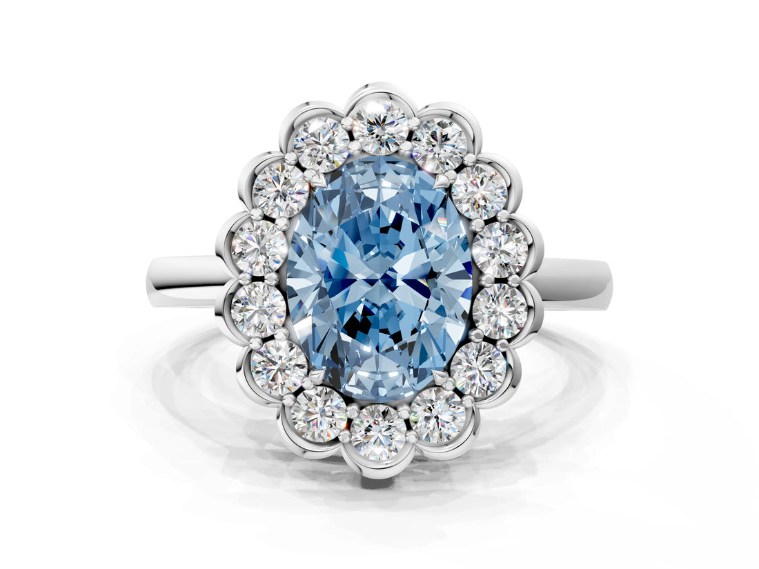 White gold Fancy Blue Oval  Halo Cluster Diamond Engagement Ring with Solitaire Band and Prong Setting_65