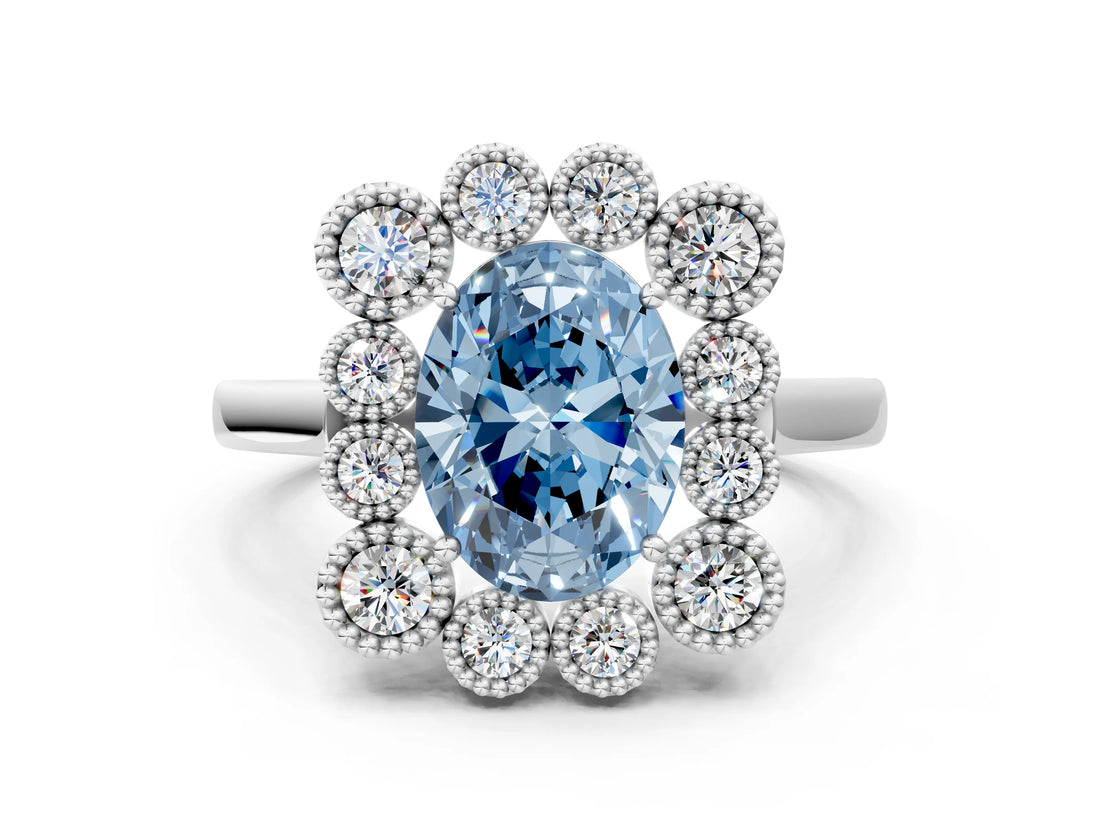 White gold Fancy Blue Oval  Halo Diamond Cluster Engagement Ring with Milgrain Bezel Setting and Solitaire Band_69