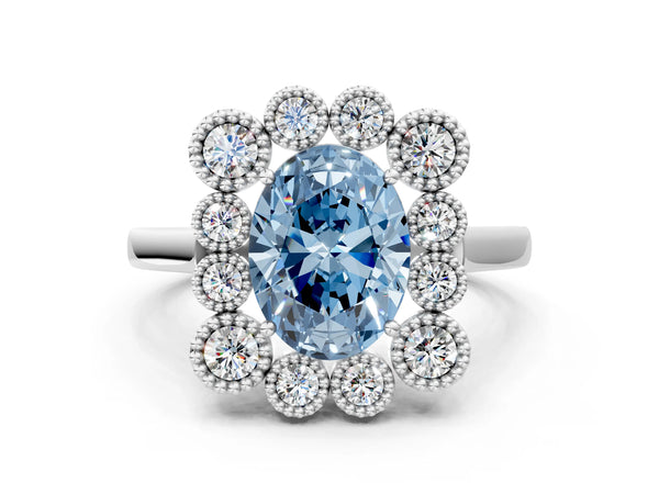 White gold Fancy Blue Oval  Halo Diamond Cluster Engagement Ring with Milgrain Bezel Setting and Solitaire Band