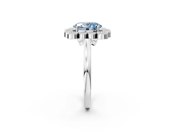 White gold Fancy Blue Oval  Halo Diamond Cluster Engagement Ring with Milgrain Bezel Setting and Solitaire Band