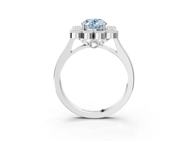 White gold Fancy Blue Oval  Halo Diamond Cluster Engagement Ring with Milgrain Bezel Setting and Solitaire Band