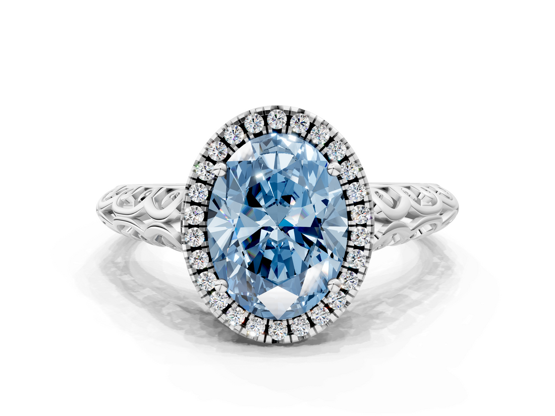 White gold Fancy Blue Oval  Halo Diamond Engagement Ring with Intricate Filigree Band and Four-Prong Setting_37