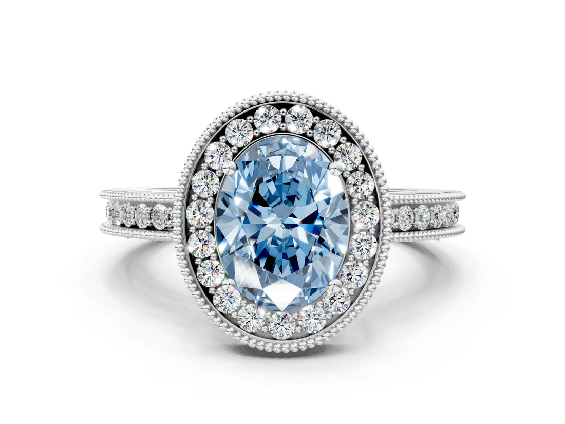 White gold Fancy Blue Oval  Halo Diamond Engagement Ring with Milgrain Pave Band and Four-Prong Setting_147