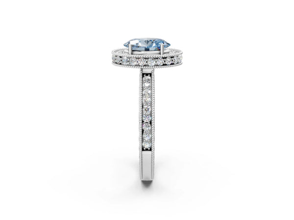 White gold Fancy Blue Oval  Halo Diamond Engagement Ring with Milgrain Pave Band and Four-Prong Setting