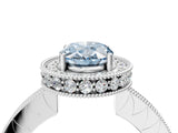 White gold Fancy Blue Oval  Halo Diamond Engagement Ring with Milgrain Pave Band and Four-Prong Setting_151