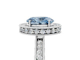 White gold Fancy Blue Oval  Halo Diamond Engagement Ring with Milgrain Pave Band and Four-Prong Setting_158