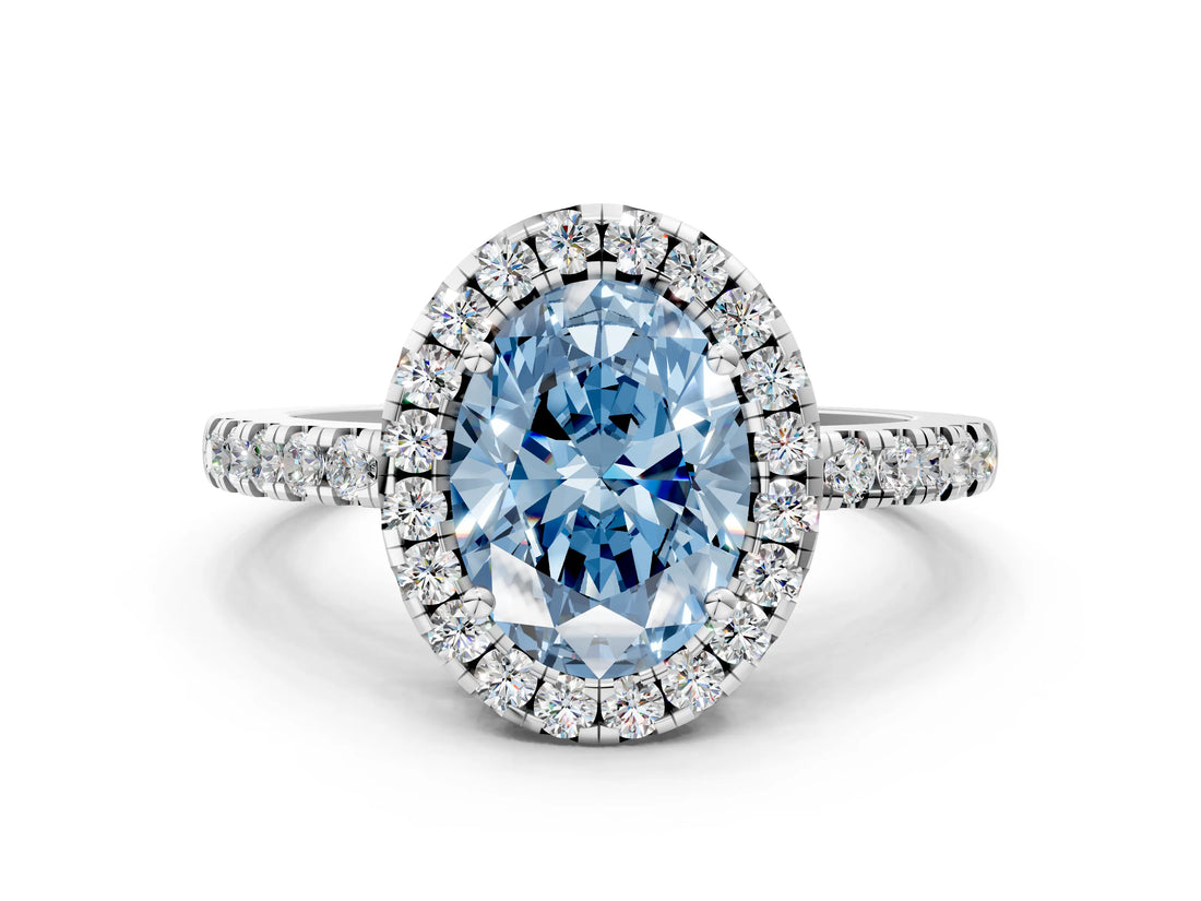 White gold Fancy Blue Oval  Halo Diamond Engagement Ring with Pavé Band and Four-Prong Setting_105