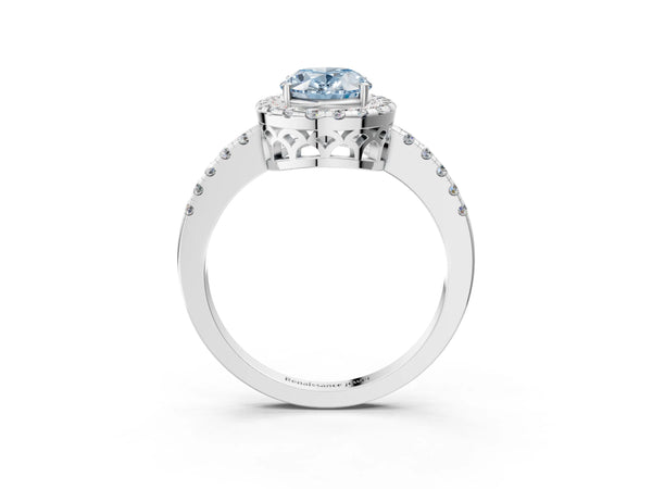 White gold Fancy Blue Oval  Halo Diamond Engagement Ring with Pavé Band and Four-Prong Setting