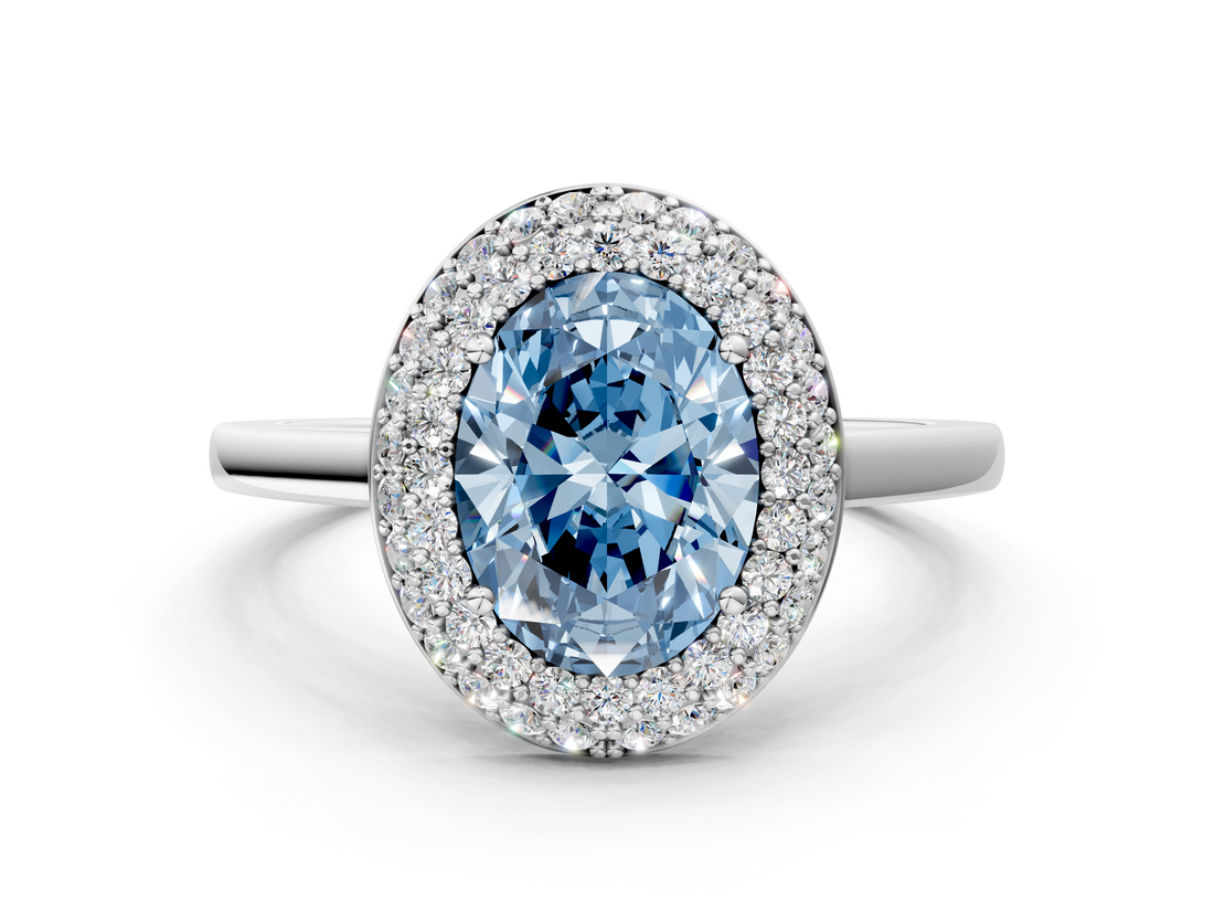 White gold Fancy Blue Oval  Halo Diamond Engagement Ring with Solitaire Band and Four-Prong Setting_17