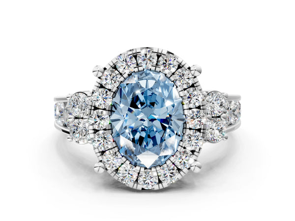 Platinum Fancy Blue Oval  Halo Diamond Engagement Ring with Split Shank and Four-Prong Setting