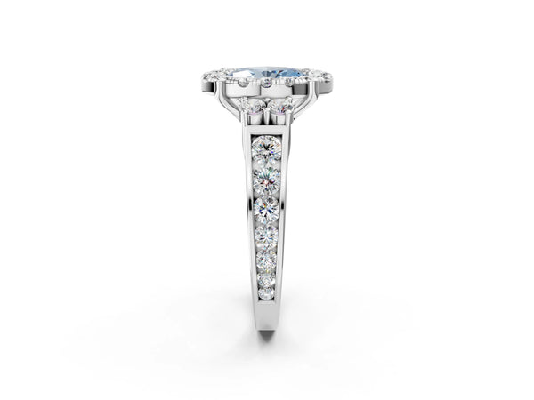 Platinum Fancy Blue Oval  Halo Diamond Engagement Ring with Split Shank and Four-Prong Setting