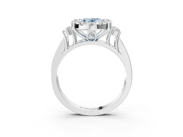 Platinum Fancy Blue Oval  Halo Diamond Engagement Ring with Split Shank and Four-Prong Setting