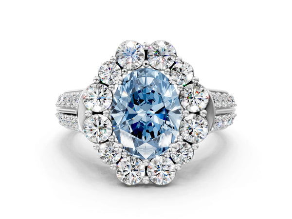 Platinum Fancy Blue Oval  Halo Diamond Engagement Ring with Split Shank and Prong Setting