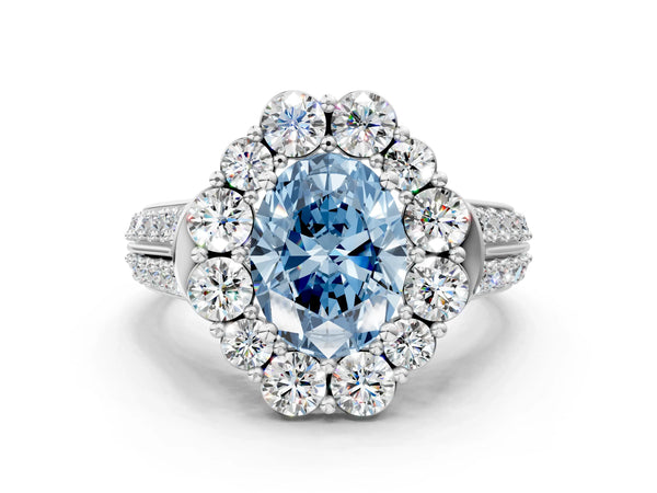 Platinum Fancy Blue Oval  Halo Diamond Engagement Ring with Split Shank and Prong Setting