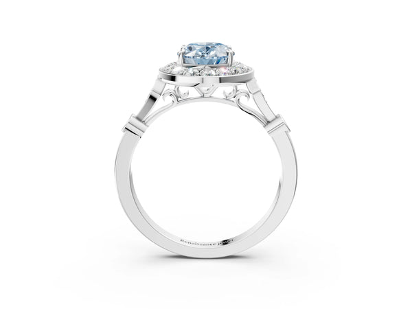 White gold Fancy Blue Oval  Halo Diamond Engagement Ring with Twisted Band and Four-Prong Setting