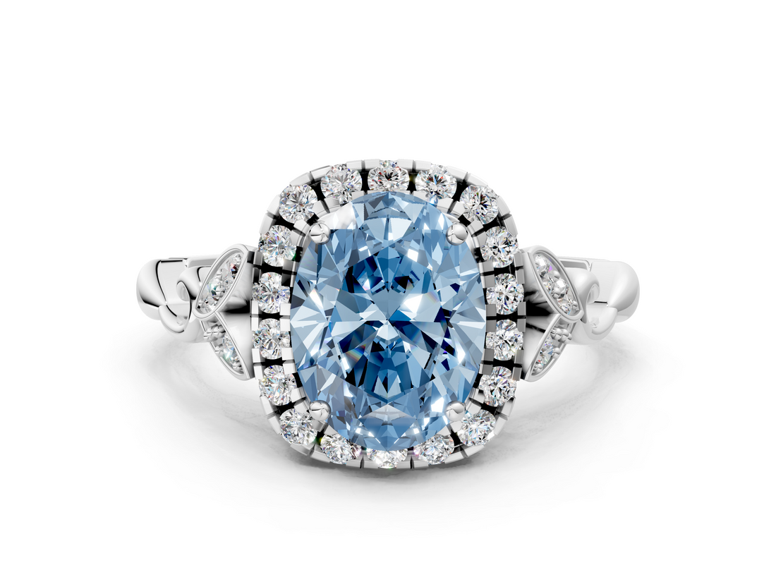 White gold Fancy Blue Oval  Halo Diamond Engagement Ring with Vintage-Inspired Band and Four-Prong Setting_3