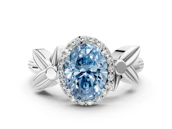 White gold Fancy Blue Oval  Halo Diamond Floral Band with Four-Prong Setting