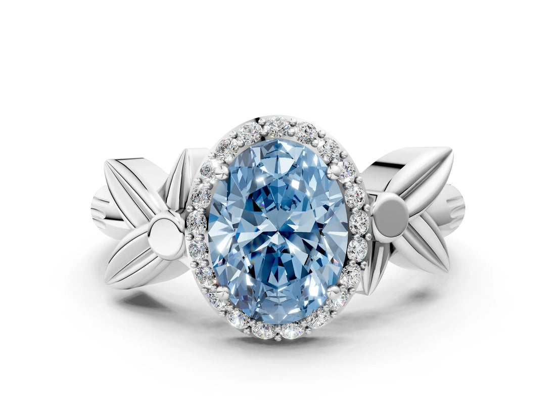 White gold Fancy Blue Oval  Halo Diamond Floral Band with Four-Prong Setting_55