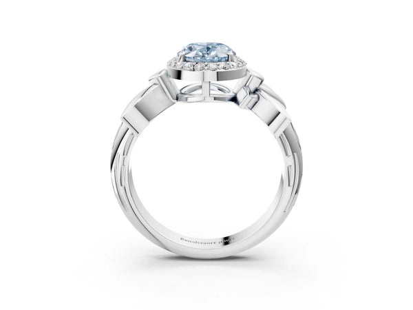 White gold Fancy Blue Oval  Halo Diamond Floral Band with Four-Prong Setting