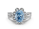 White gold Fancy Blue Oval  Halo Diamond Floral Split Shank Engagement Ring