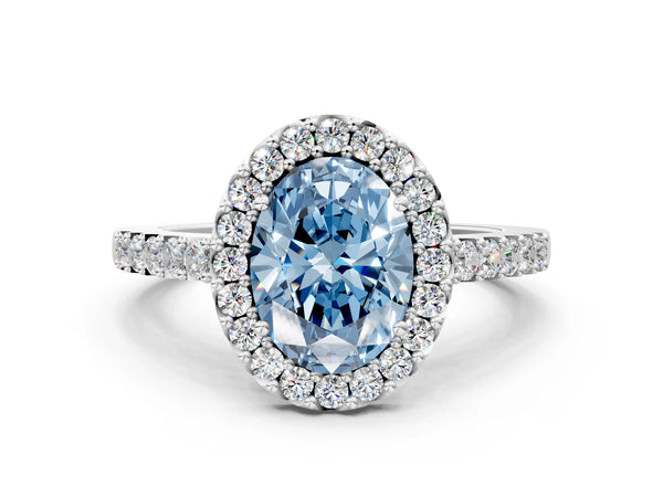 White gold Fancy Blue Oval  Halo Diamond Pavé Solitaire Ring