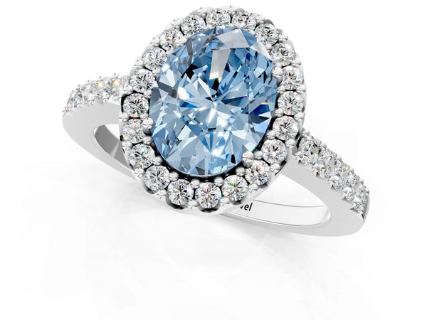 White gold Fancy Blue Oval  Halo Diamond Pavé Solitaire Ring