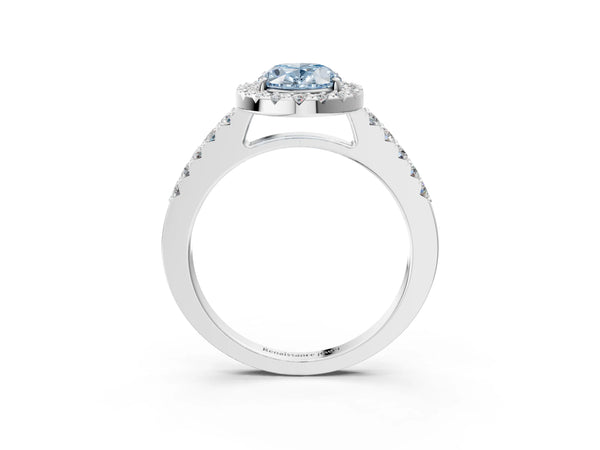 White gold Fancy Blue Oval  Halo Diamond Pavé Solitaire Ring