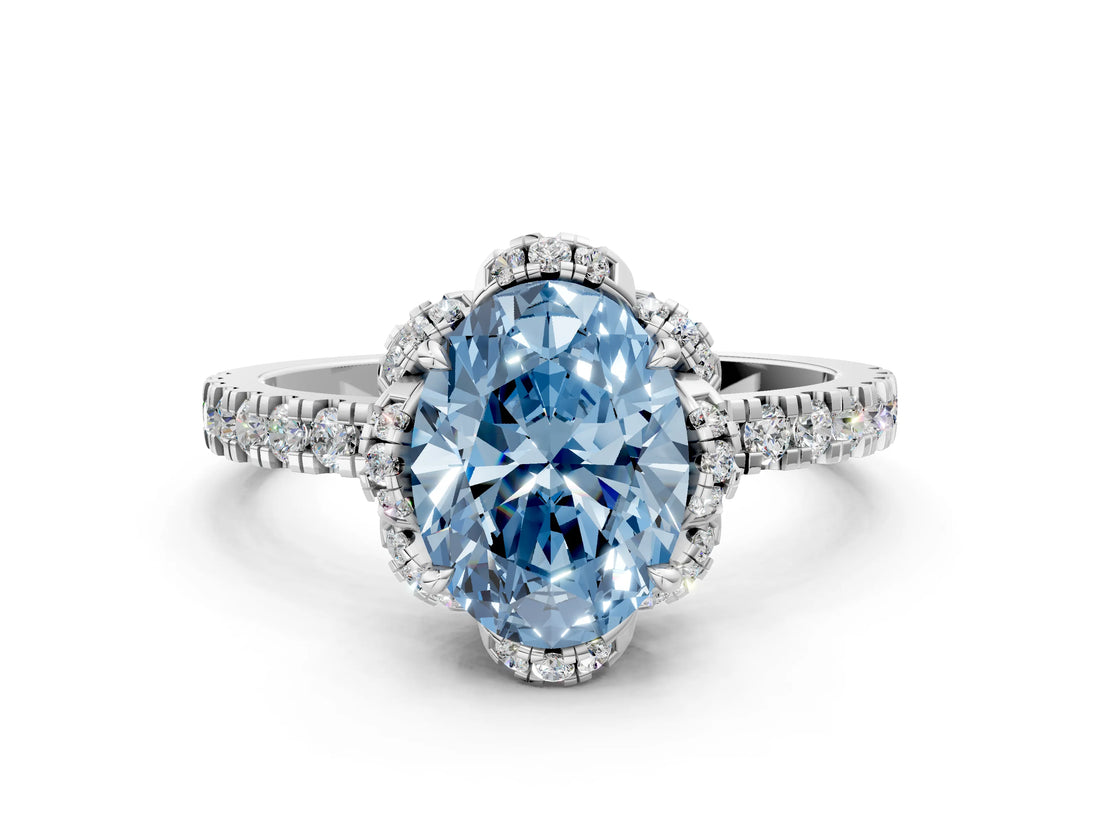 White gold Fancy Blue Oval  Halo Diamond Pave Band Ring with Four-Prong Setting_15