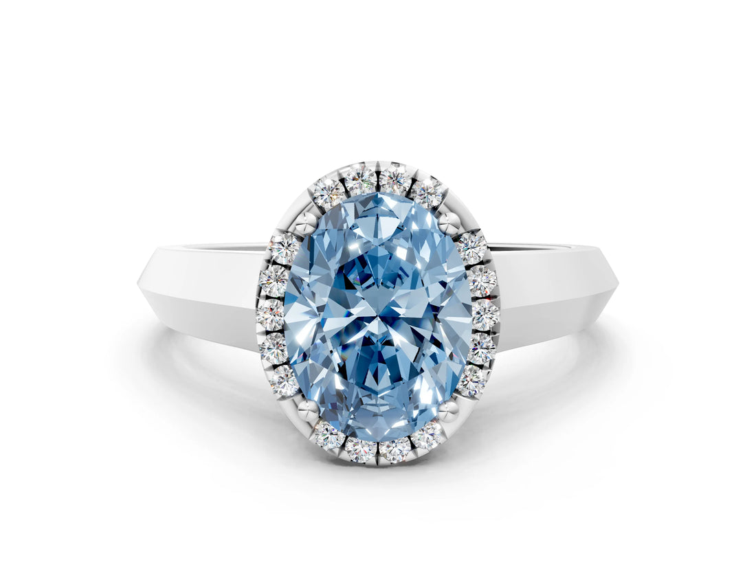 White gold Fancy Blue Oval  Halo Diamond Ring with Cathedral Band and Four-Prong Setting_50