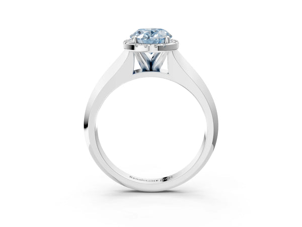 Platinum Fancy Blue Oval  Halo Diamond Ring with Cathedral Band and Four-Prong Setting