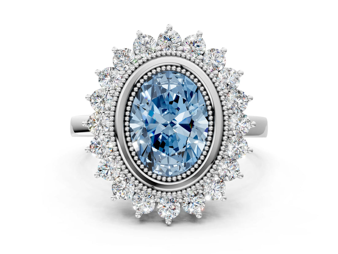White gold Fancy Blue Oval  Halo Diamond Ring with Milgrain Edge and Round Prong Setting_38