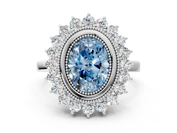 White gold Fancy Blue Oval  Halo Diamond Ring with Milgrain Edge and Round Prong Setting