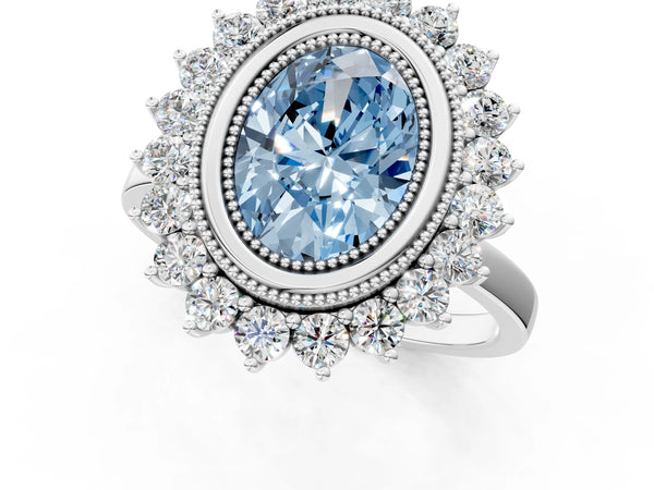 White gold Fancy Blue Oval  Halo Diamond Ring with Milgrain Edge and Round Prong Setting