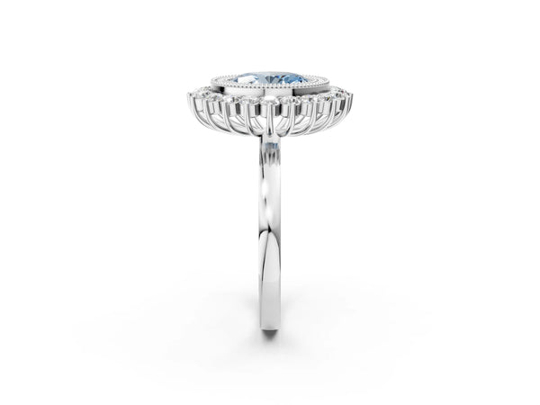 White gold Fancy Blue Oval  Halo Diamond Ring with Milgrain Edge and Round Prong Setting