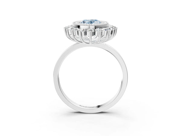 White gold Fancy Blue Oval  Halo Diamond Ring with Milgrain Edge and Round Prong Setting