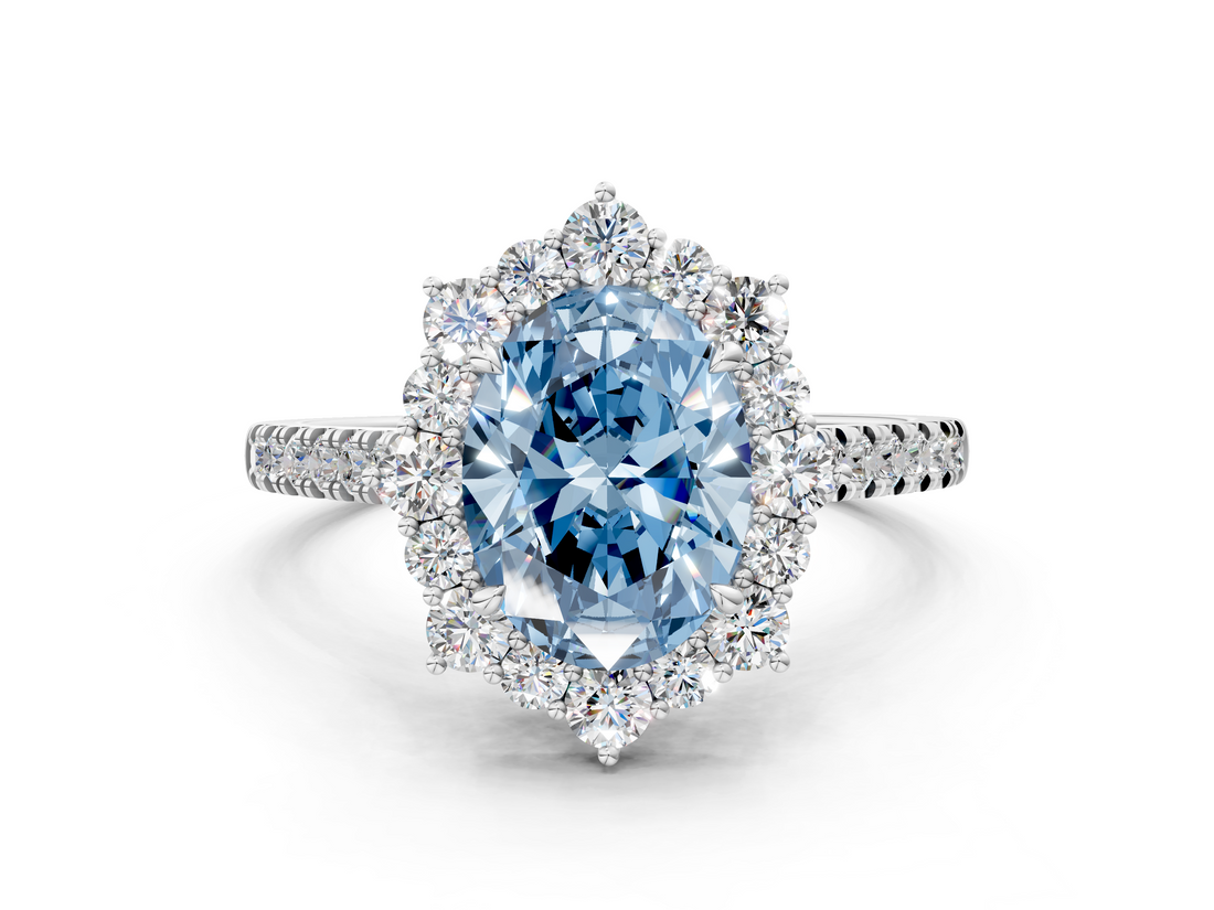 White gold Fancy Blue Oval  Halo Diamond Ring with Pavé Band and Prong Setting_37