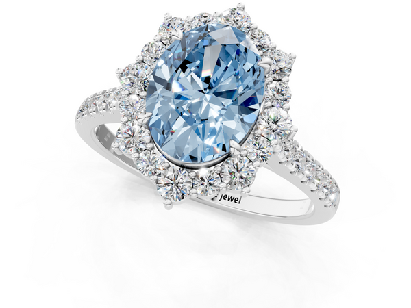 Platinum Fancy Blue Oval  Halo Diamond Ring with Pavé Band and Prong Setting