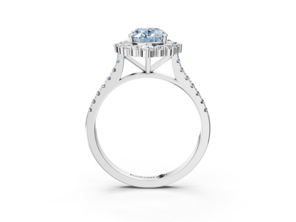 Platinum Fancy Blue Oval  Halo Diamond Ring with Pavé Band and Prong Setting