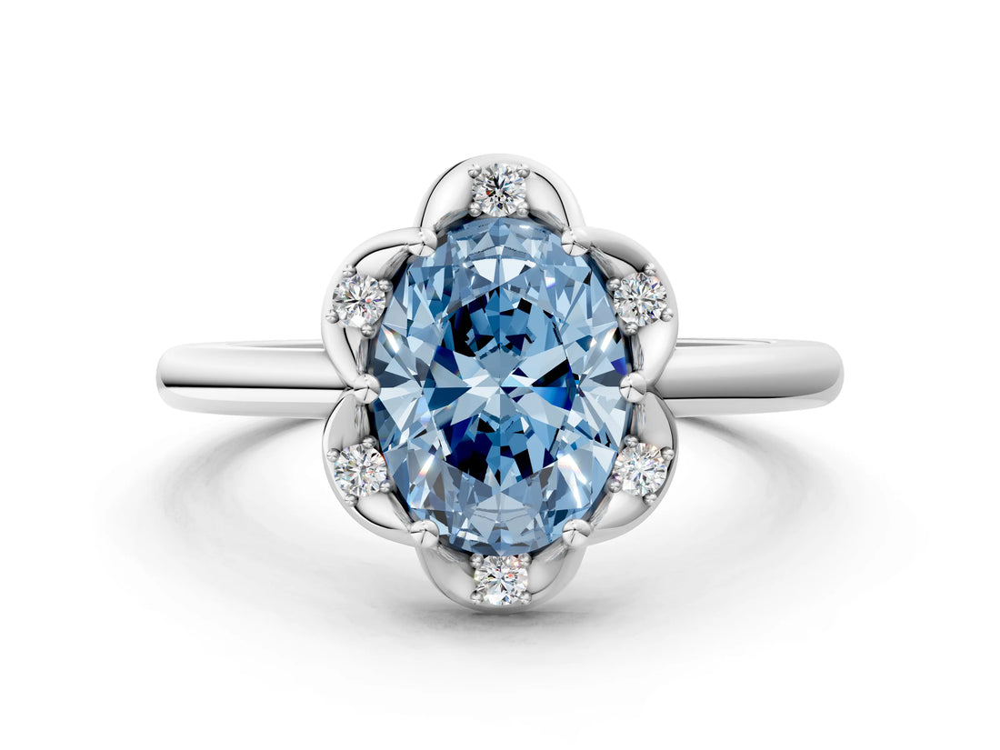 White gold Fancy Blue Oval  Halo Diamond Ring with Round Cluster Setting, Solitaire Band, and Four-Prong Setting_84