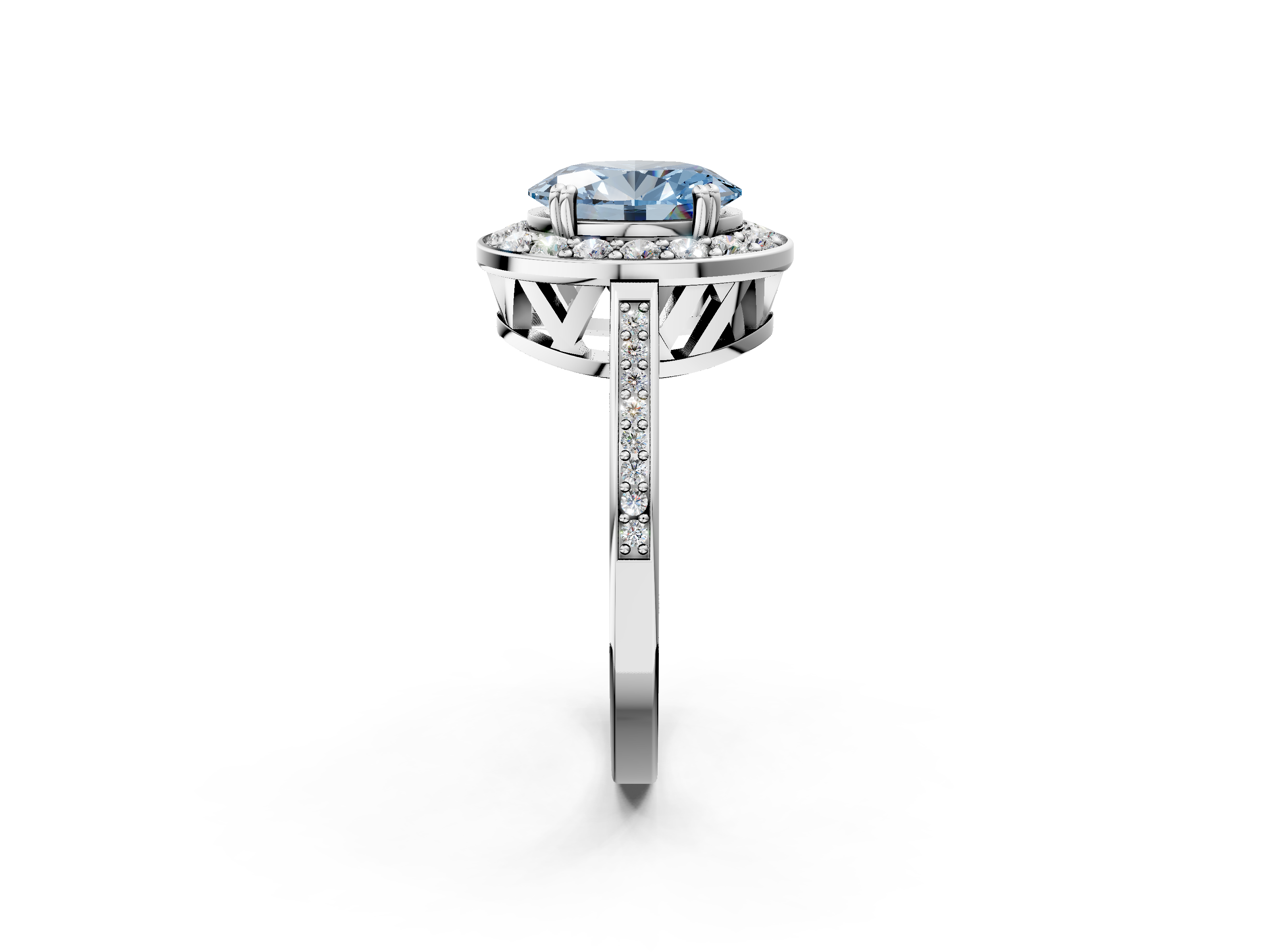 White gold Fancy Blue Oval  Halo Diamond Ring with Split Shank and Four-Prong Setting_77